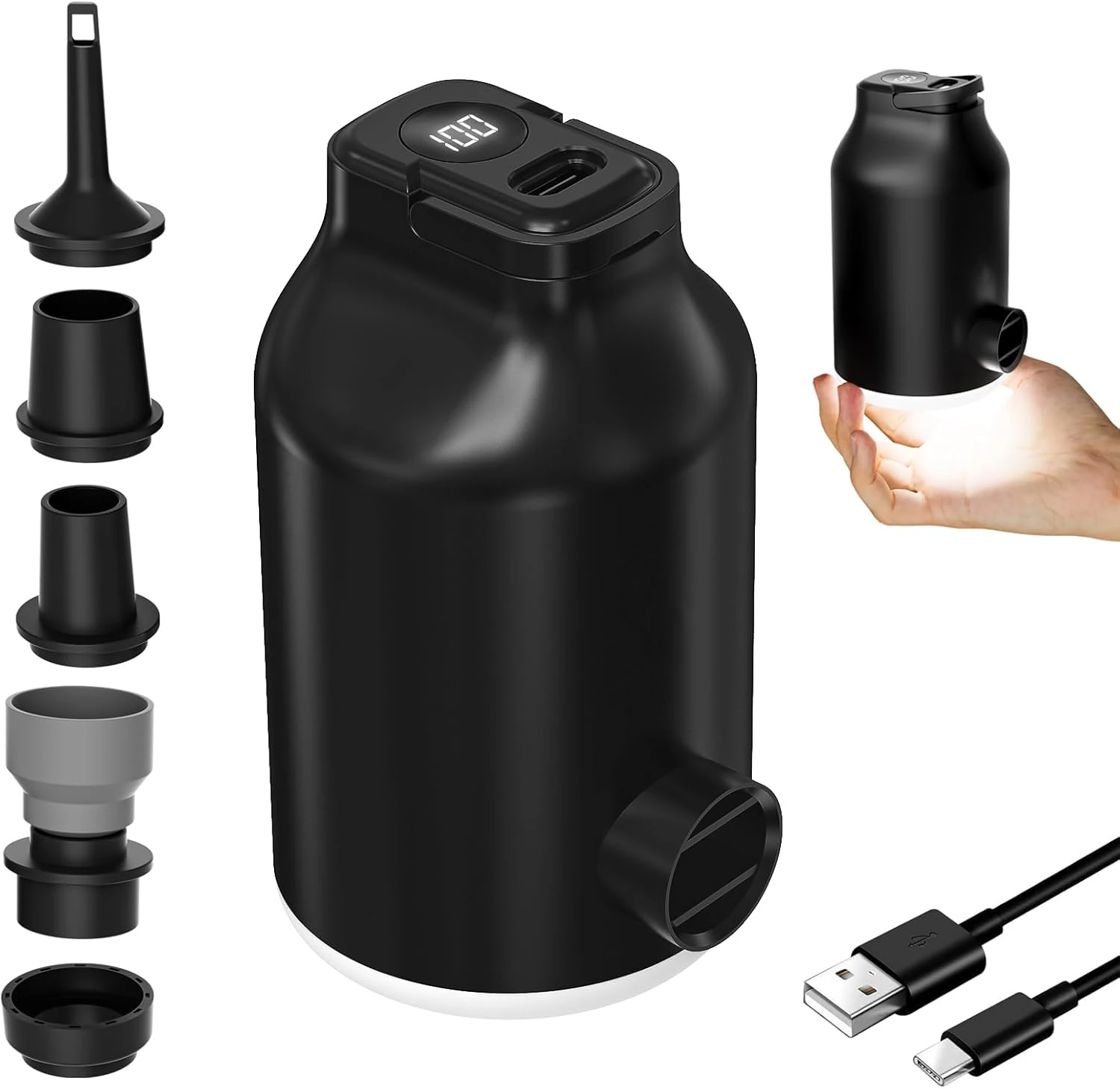 (image for) IPRee 3 in 1 Electric Air Pump With Battery For Inflatable Bed, Vacuum Bags, 5 Camping Nozzles & Rapid Swelling And Deflated, Travel Pump For Swimming Rings, Floating